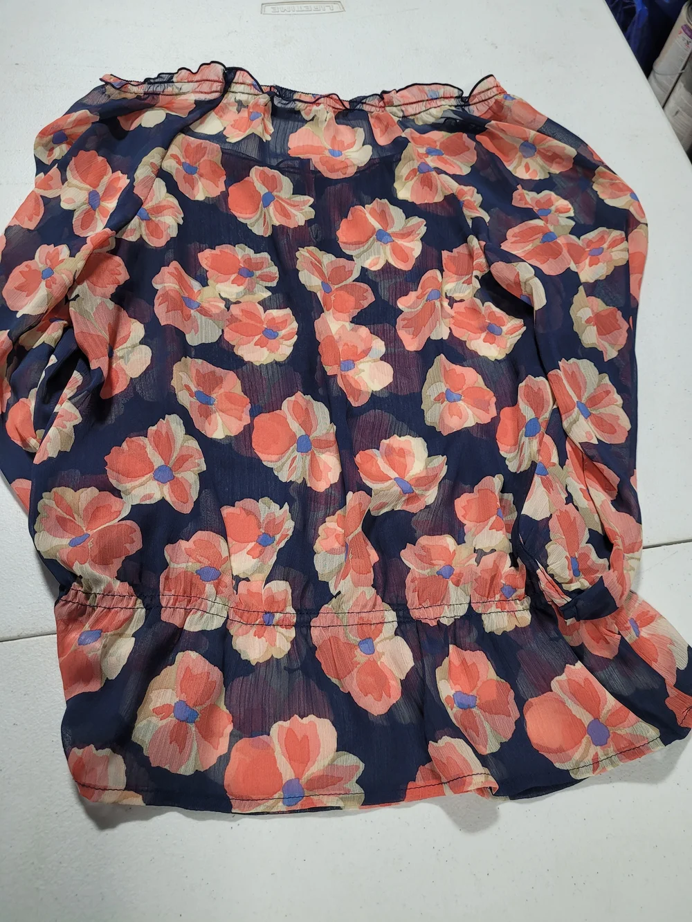 Old Navy Navy Floral Sheer Peplum Blouse with Coral and Cream Flowers